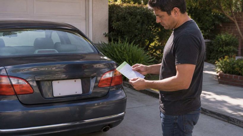 A man holds registration paperwork behind a car for an out of state title transfer california