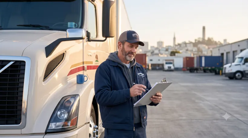 A commercial truck driver standing beside their large truck in a depot or truck stop, reviewing paperwork