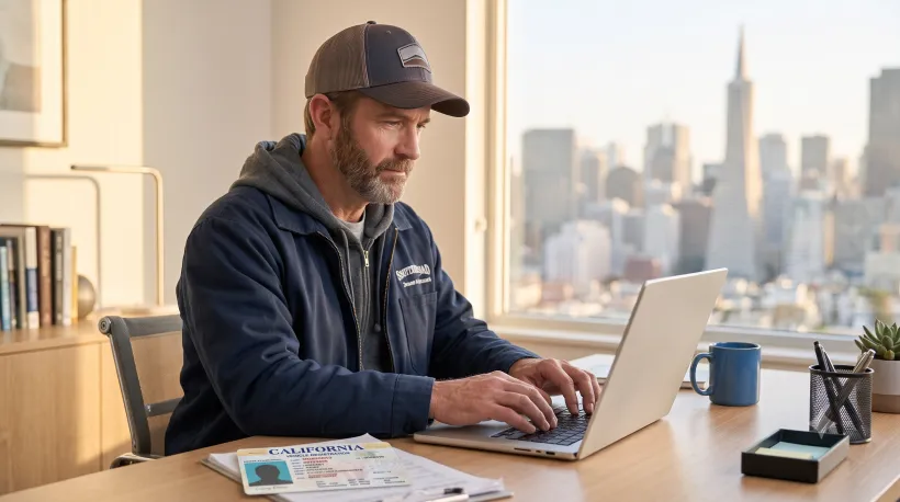 A person at a laptop in a home office, typing with focused attention