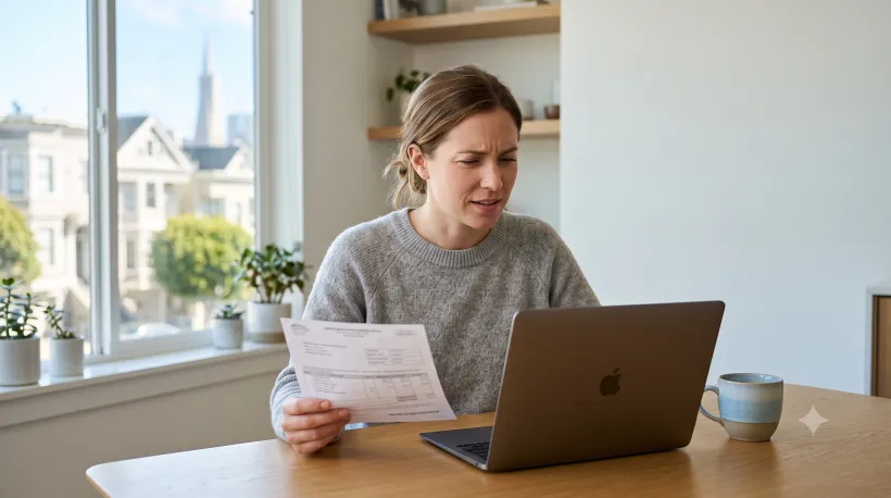 Una persona sentada en la mesa de la cocina, mirando un aviso de renovación del registro de un vehículo y la pantalla de una computadora portátil con expresión de desconcierto
