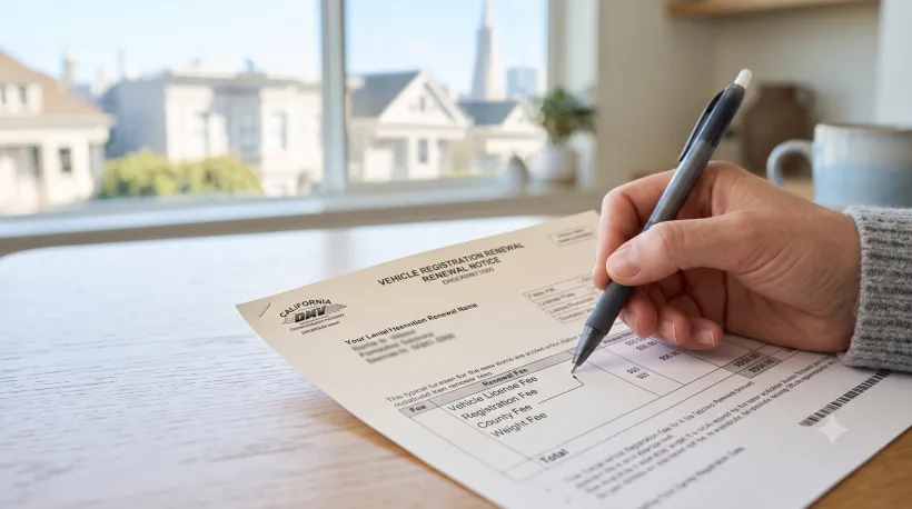 Primer plano de un aviso de renovación del registro de un vehículo sobre una mesa, con un bolígrafo señalando una de las partidas
