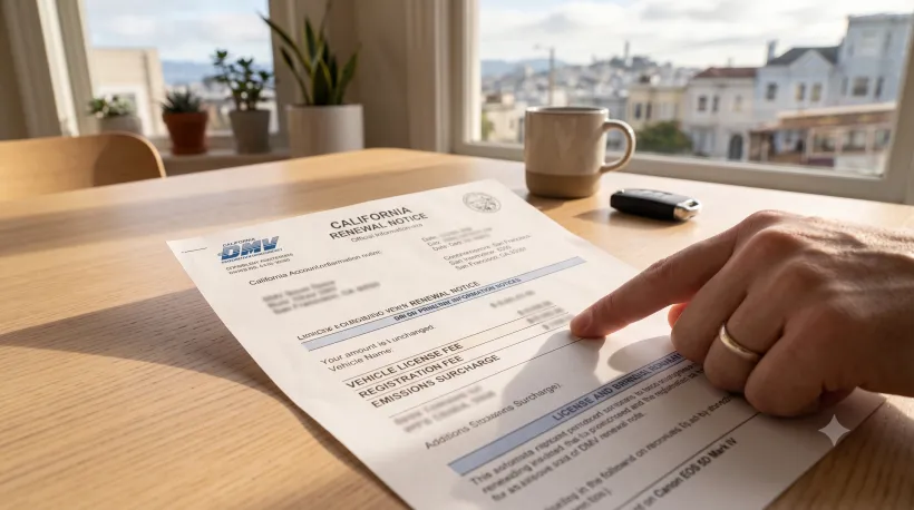Primer plano de un aviso de renovaci&oacute;n del DMV colocado sobre la mesa