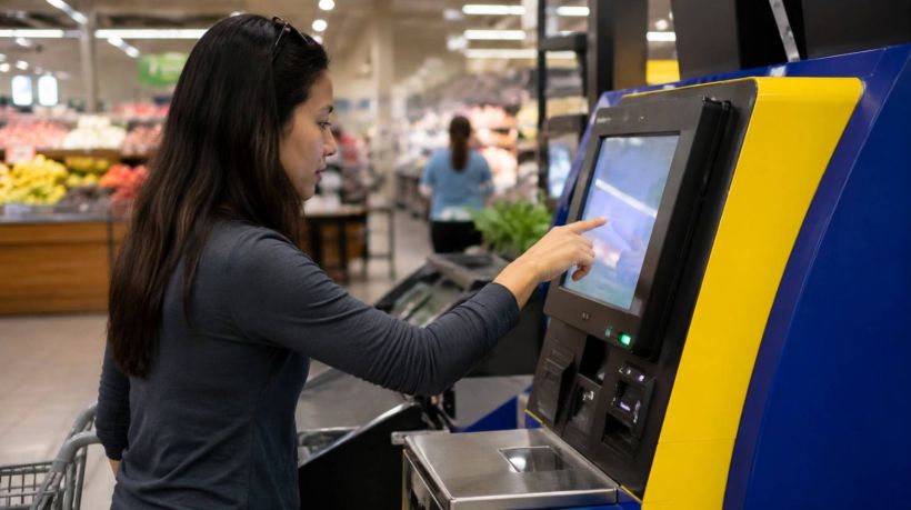 A woman uses a kiosk to print a California DMV registration card replacement