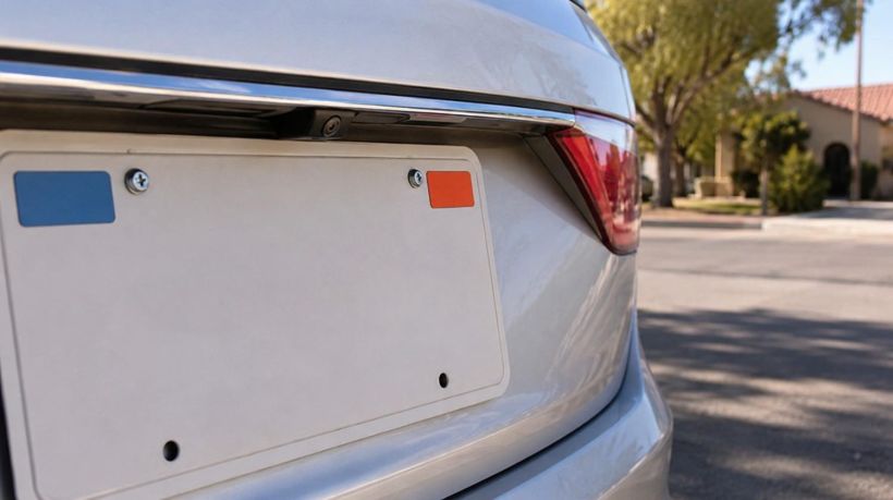 A license plate with registration tags, highlighting the risks of driving with expired registration in California