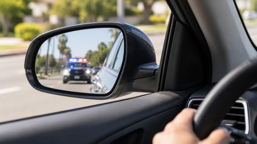 A side mirror shows a police car stopping someone for driving with expired registration in California