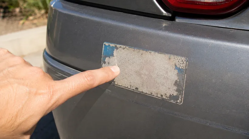 A hand points to a peeling tag, showing how weather affects California registration sticker colors over time