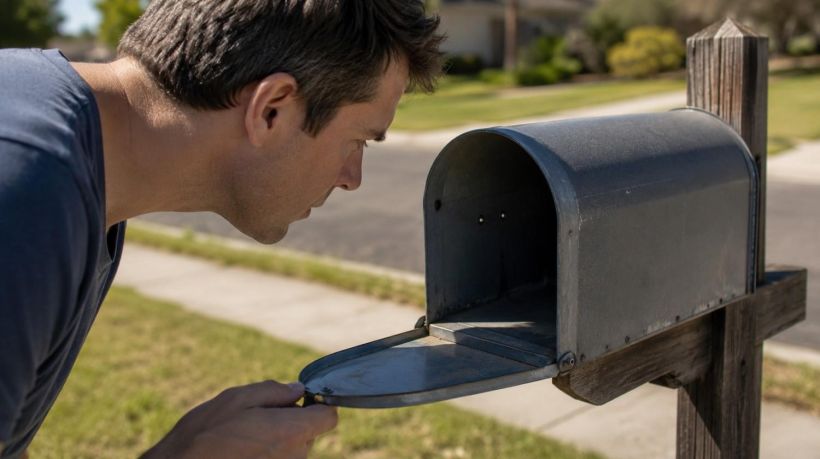 A man checks an empty mailbox, wondering what to do if his California replacement sticker never arrived