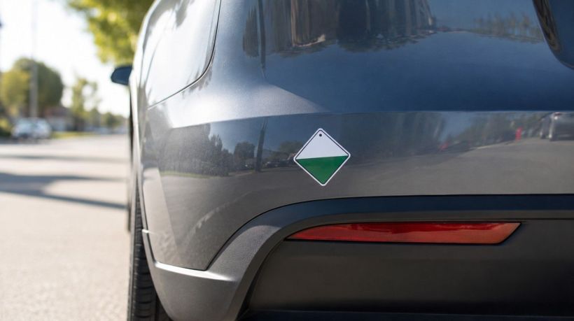 A diamond decal on a bumper showing a clean air vehicle sticker california