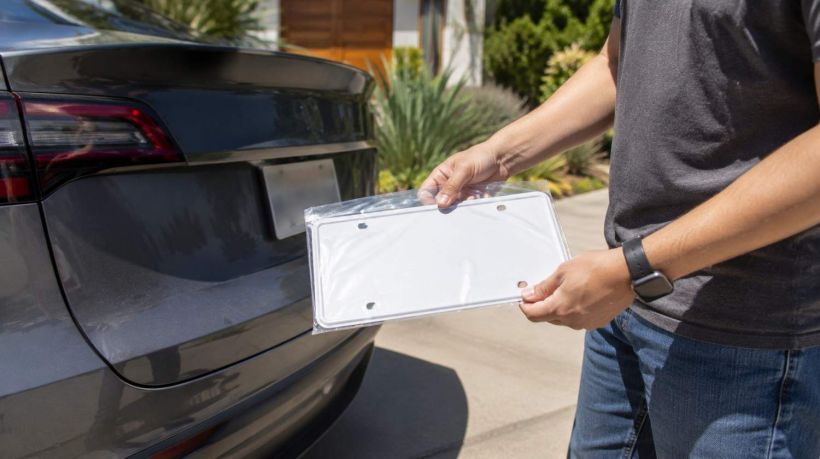 A man holds a new tag, getting ready to replace license plate California