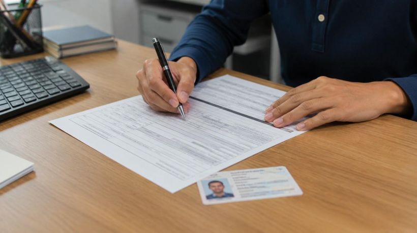 A person fills out the paperwork needed to replace license plate California