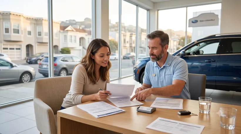 A person at a car dealership, sitting across from a salesperson at a desk with papers spread out between them