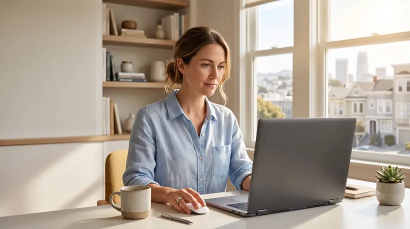 A person at a laptop in a home office, updating something on an official-looking website
