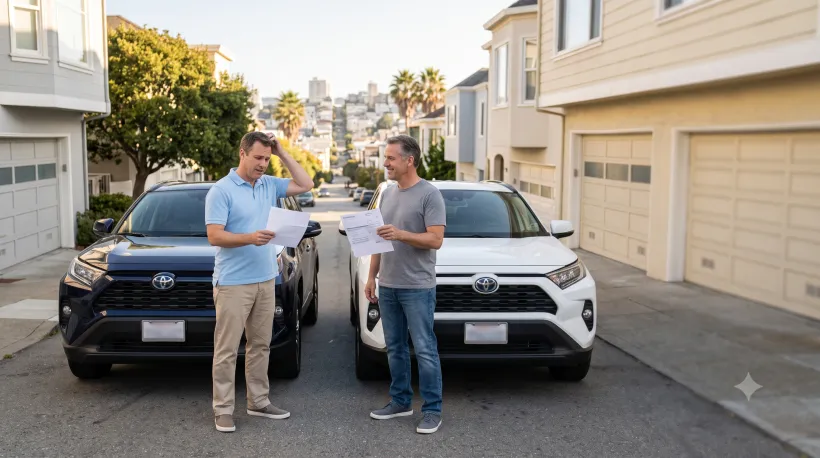 Two neighbors are standing in a shared driveway next to their respective cars