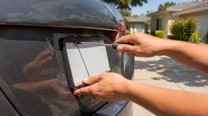 A person unscrews tags, illustrating how can I keep my plates when I sell my car