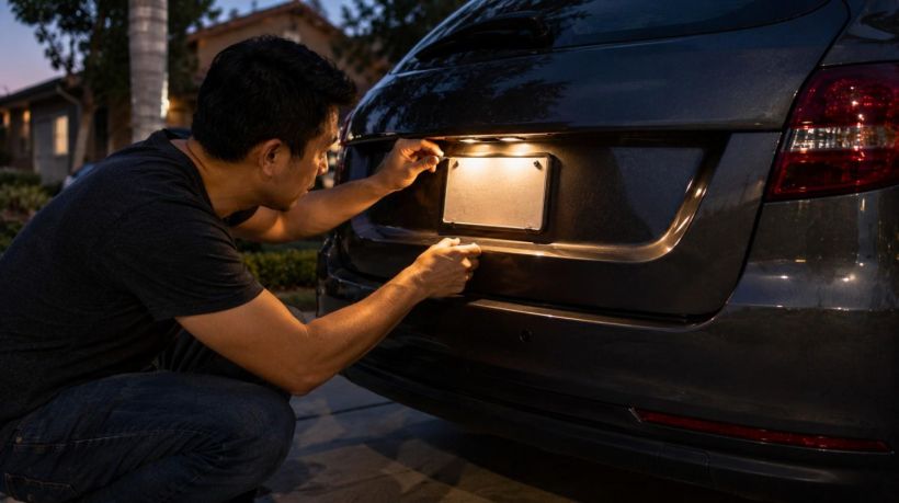 A man checks nighttime visibility to comply with California license plate frame cover laws
