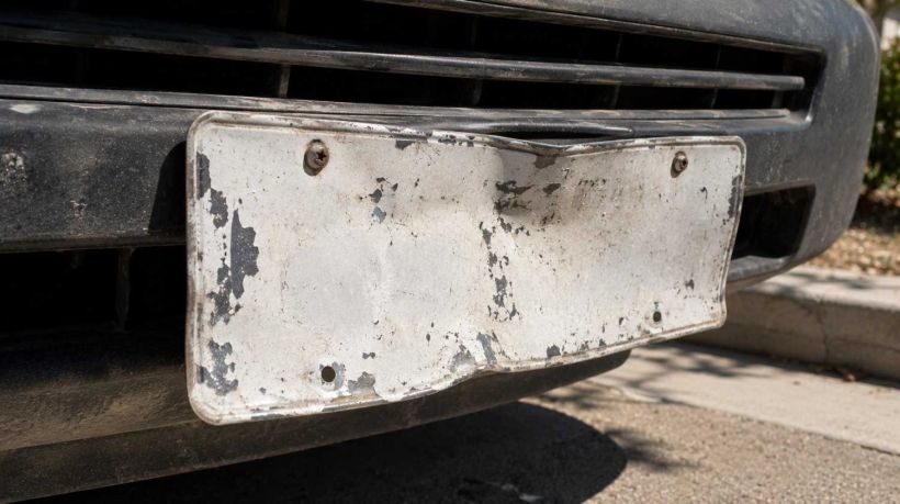 Highly damaged front car tag. A complete guide on how to replace license plate California