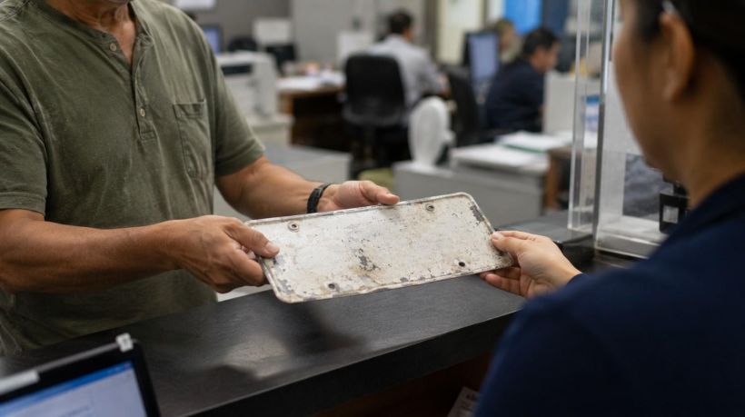 Turning in an old, faded tag at the counter to replace license plate California