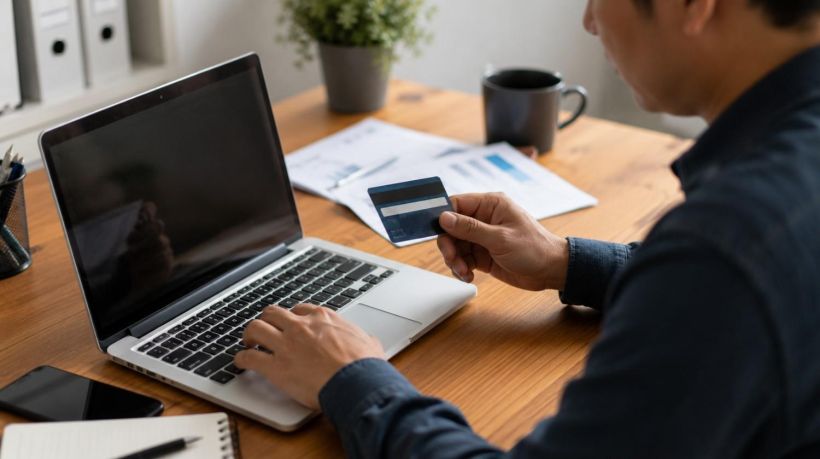 Man holding a credit card while typing on a laptop. Pay fees online to replace license plate California