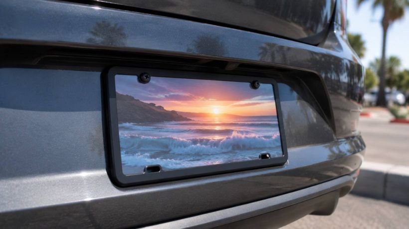 A car bumper featuring a beautiful ocean sunset design on california specialty license plates