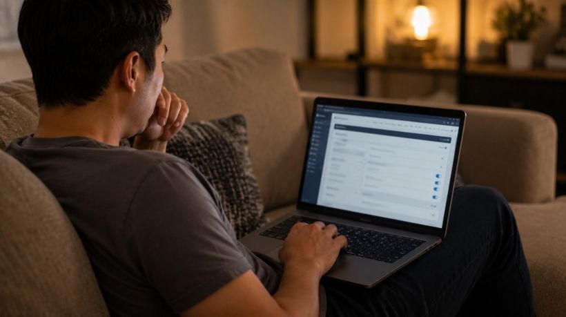 A man on a couch uses a laptop to browse and order california specialty license plates.