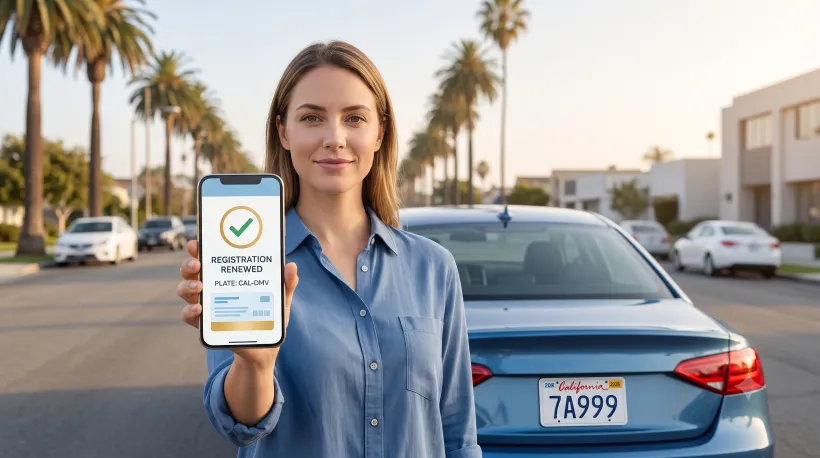 A California driver confidently showing his smartphone's display with a completed vehicle registration renewal