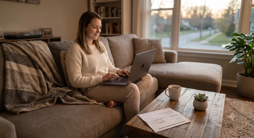 A person sitting comfortably on a couch with a laptop