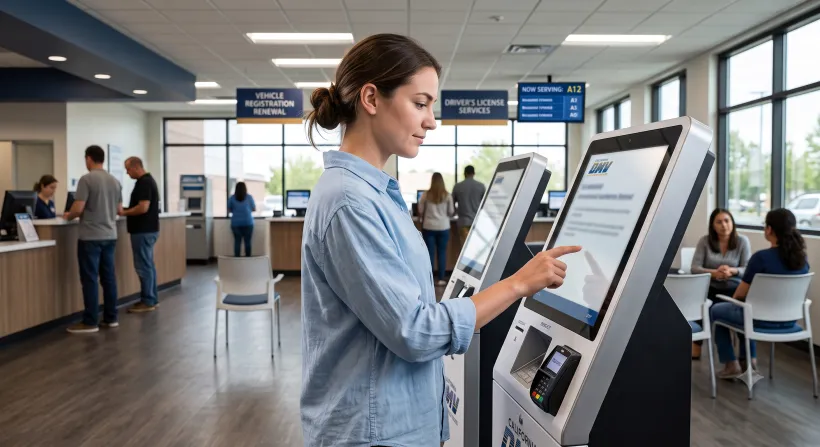 A person standing at a self-service kiosk touchscreen in a DMV office