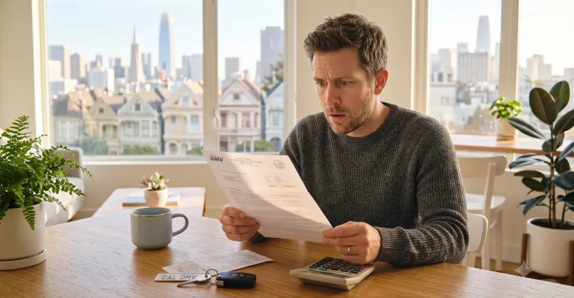 A person sitting at a kitchen table, staring at a DMV renewal notice with a mildly shocked expression