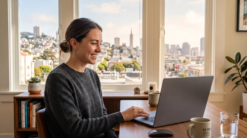 Una persona frente a una computadora port&aacute;til, sonriendo levemente mientras revisa una p&aacute;gina de resumen antes de completar una transacci&oacute;n