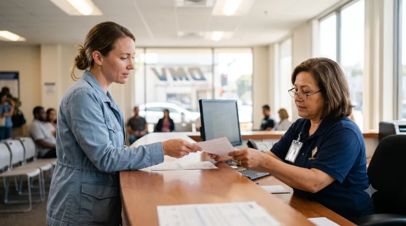 Una persona de pie frente al mostrador de atención del DMV, entregándole un documento a un empleado al otro lado del mostrador