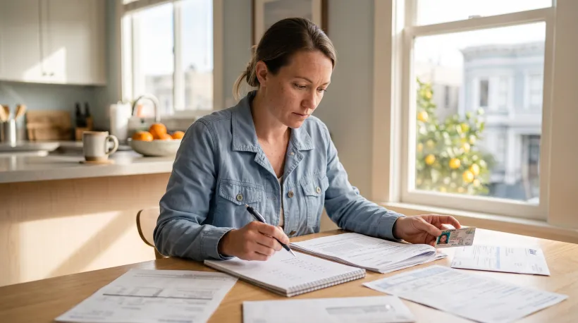Una persona sentada en la mesa de la cocina, con un bolígrafo sobre una pila de papeles, haciendo cálculos matemáticos en un bloc de notas