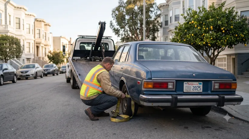 A tow truck operator hooking up a car on a quiet residential California street