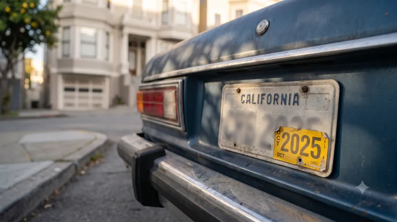 Close-up of the rear of a parked car, focused on the license plate with a clearly outdated registration sticker