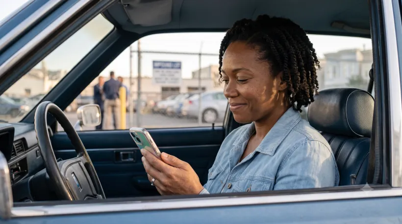 A person sitting in their car, looking relieved