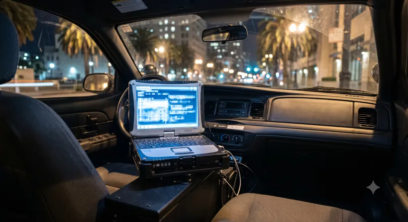 Interior de un auto patrulla por la noche, con el foco en el terminal móvil de datos tipo computadora portátil