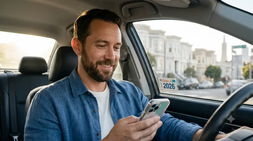 Una persona de unos 30 años sentada en un auto estacionado, terminando algo en su teléfono con una expresión relajada y segura