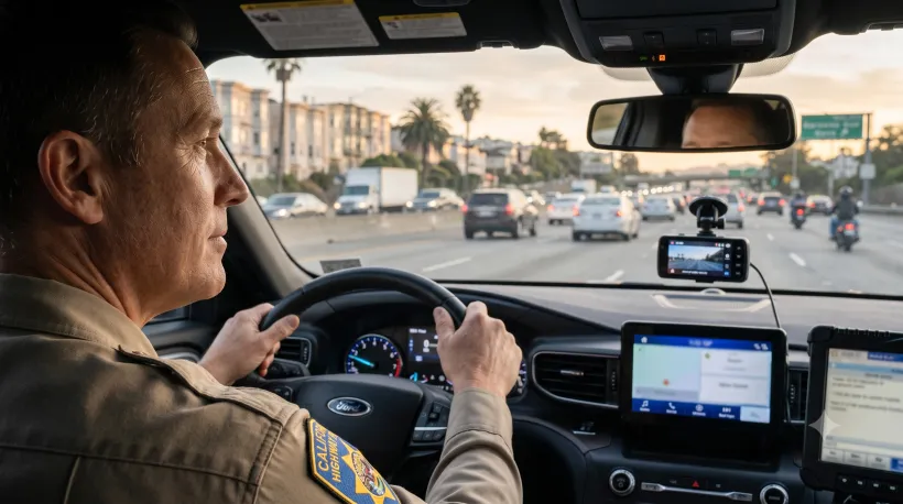 Un oficial de la Patrulla de Carreteras de California en un auto patrulla, con la cámara del tablero a la vista