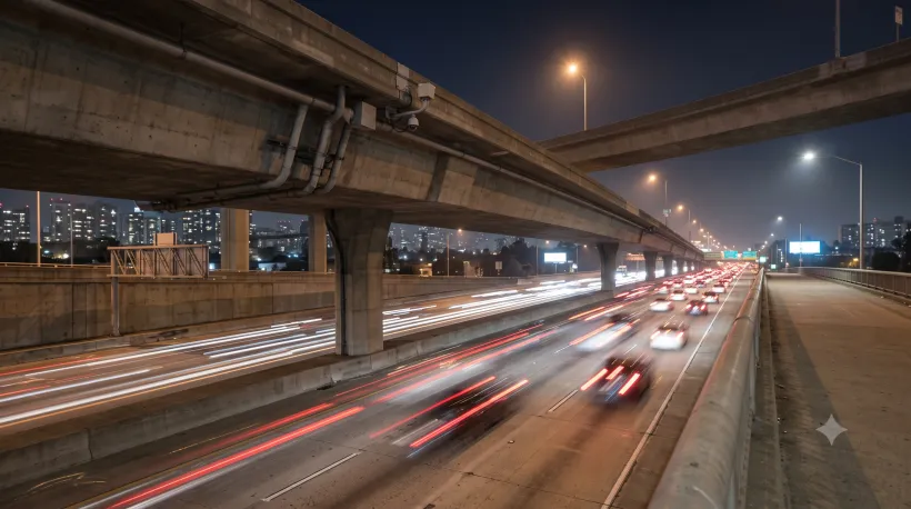Un paso elevado de la autopista por la noche, con el tráfico circulando por debajo