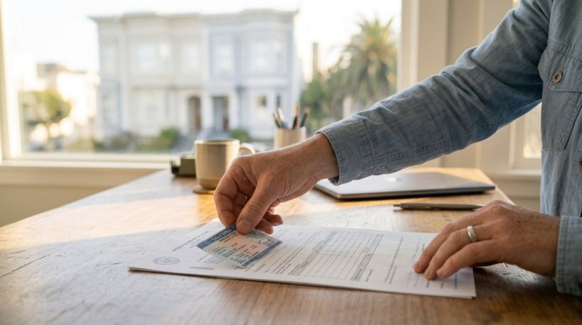 A person's hands laying out several car documents on a clean table