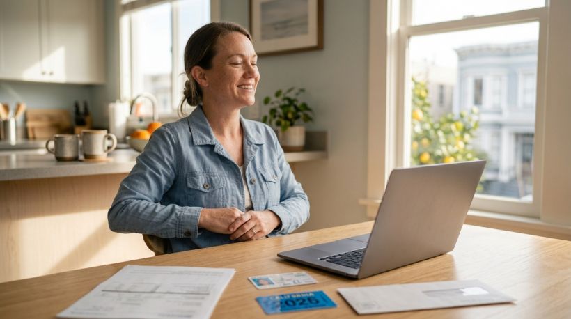 A person sitting at a laptop with a look of visible relief, a registration sticker, and a vehicle title are on the table