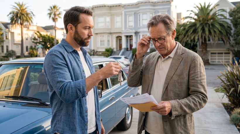 Two people standing next to a car in a driveway during a private sale