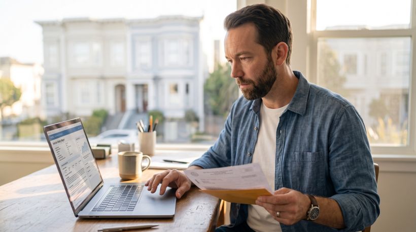 A person sitting at a desk carefully reviewing a vehicle history report on a laptop while holding a bill of sale