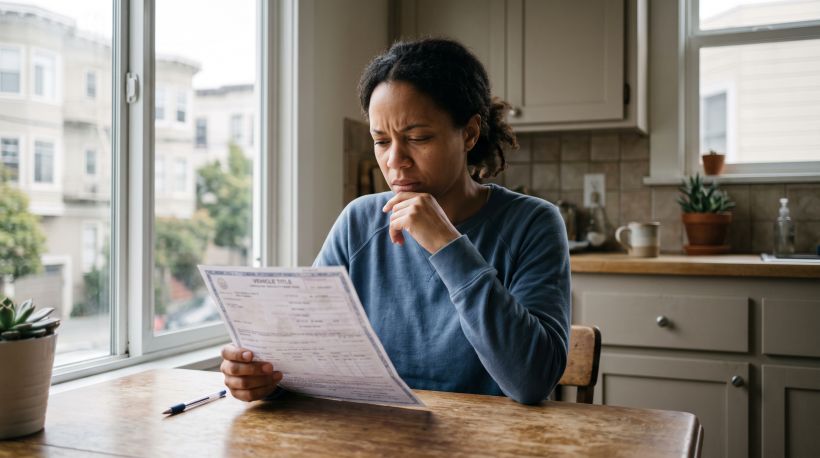 Two people sitting across from each other at a kitchen table with vehicle documents spread between them