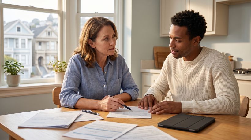 Two people sitting across from each other at a kitchen table with vehicle documents spread between them
