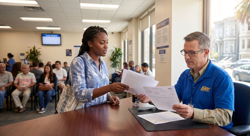 Una persona de pie en el mostrador de una oficina local del DMV entregando documentos a un empleado