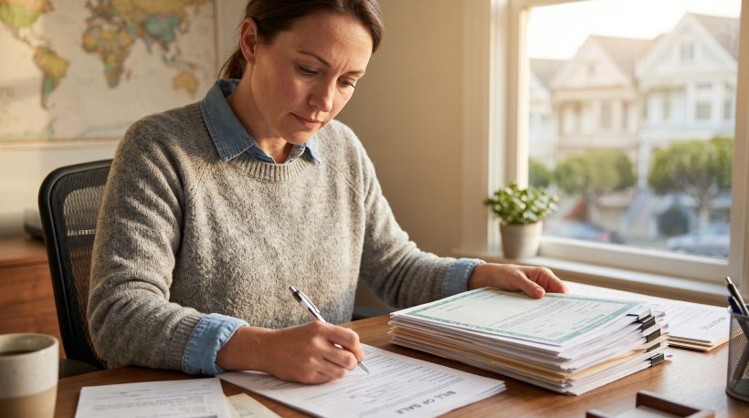 A person sitting at a desk, writing on paper or filling out a form, with a stack of documents organized beside them