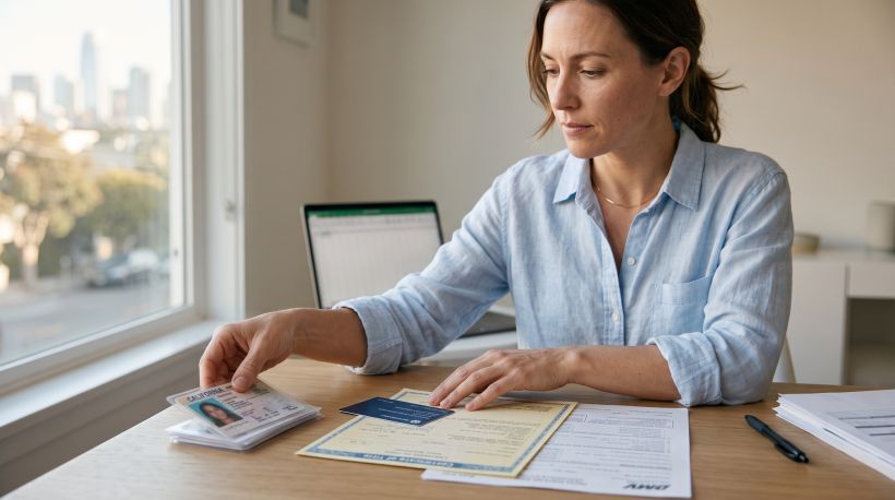 A person at a desk organizing a stack of documents into a neat pile