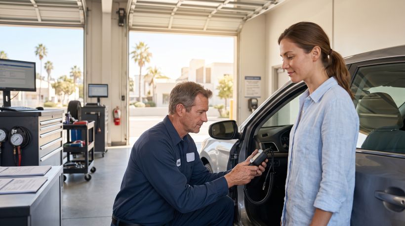 Un auto en una estación de inspección de emisiones de California, con un técnico conectando un equipo de diagnóstico al puerto del vehículo