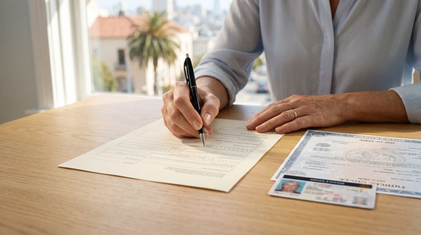 Primer plano de las manos de una persona que llena cuidadosamente un formulario en un escritorio