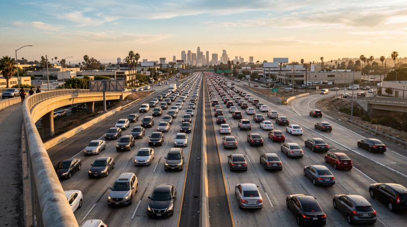Plano general de una autopista muy transitada de California; desde un paso elevado se ven docenas de autos